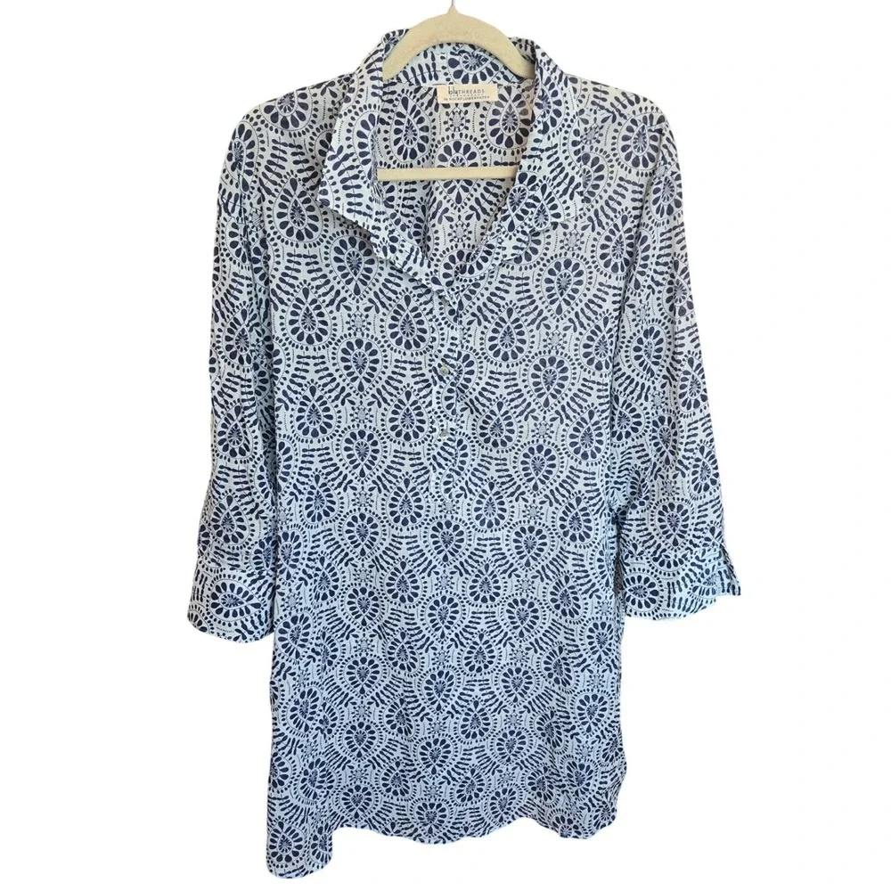 BluThreads RockFlowerPaper Button Down Dress Tunic Blue White Cover Up Large - Picture 1 of 6